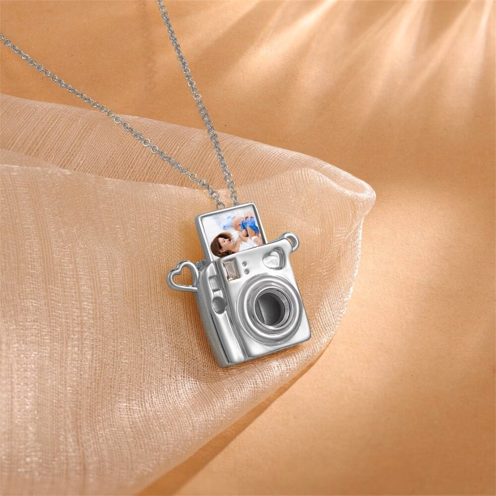 Silver Camera Necklace with Personalized Photo Photography Pendant Memory, Gift